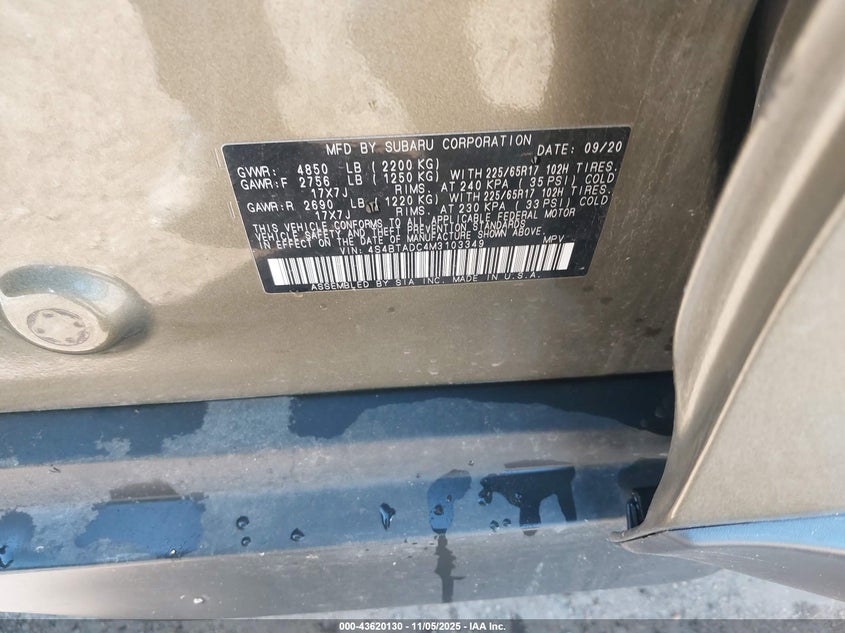 2021 SUBARU OUTBACK PREMIUM 4S4BTADC4M3103349