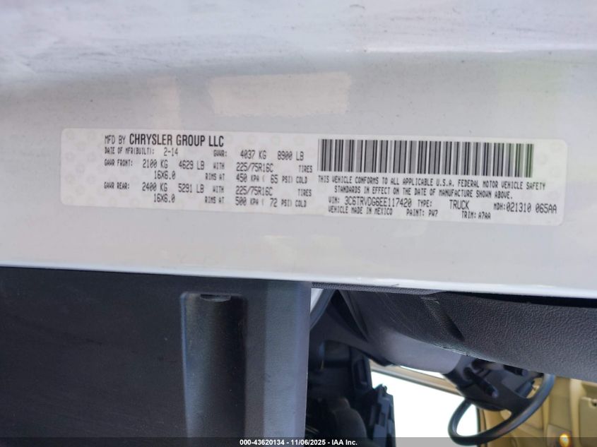 2014 Ram Promaster 2500 High Roof VIN: 3C6TRVDG6EE117420 Lot: 43620134