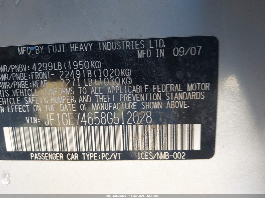 2008 Subaru Impreza Wrx VIN: JF1GE74658G512028 Lot: 43620203