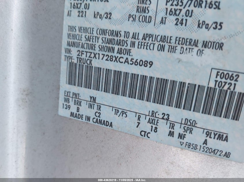 1999 Ford F-150 Work Series/Xl/Xlt VIN: 2FTZX1728XCA56089 Lot: 43620219