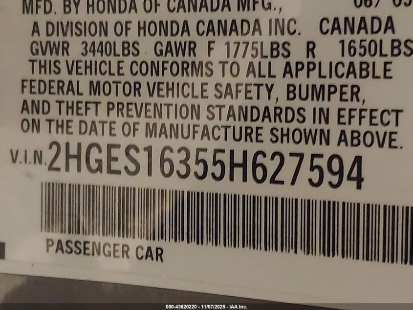 2005 Honda Civic Vp VIN: 2HGES16355H627594 Lot: 43620220