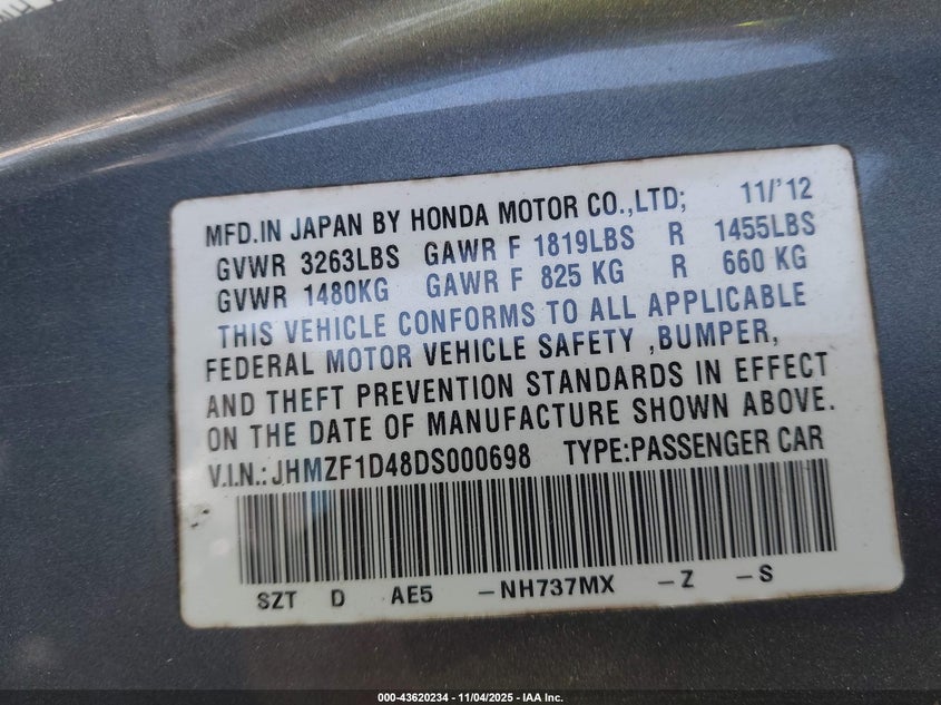 2013 HONDA CR-Z - JHMZF1D48DS000698