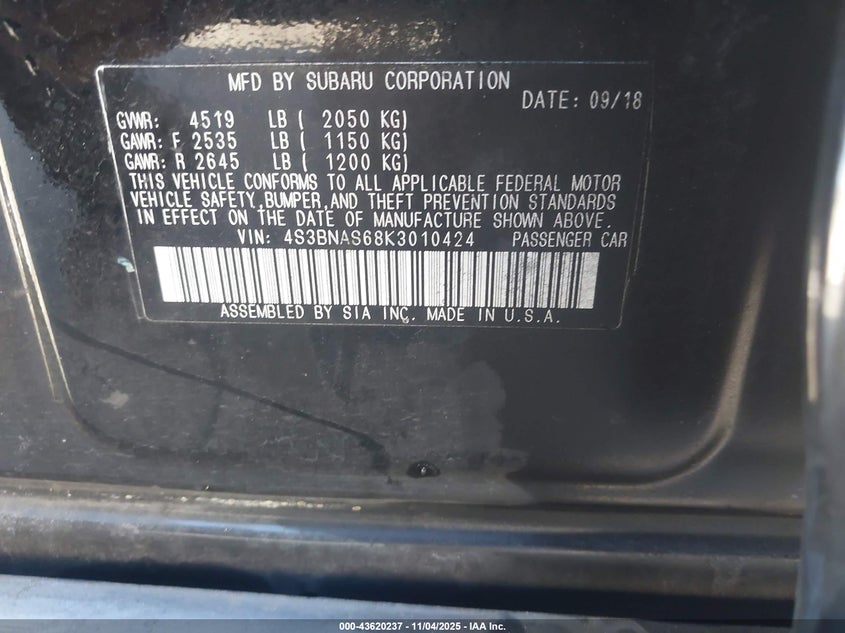 2019 SUBARU LEGACY 2.5I SPORT - 4S3BNAS68K3010424