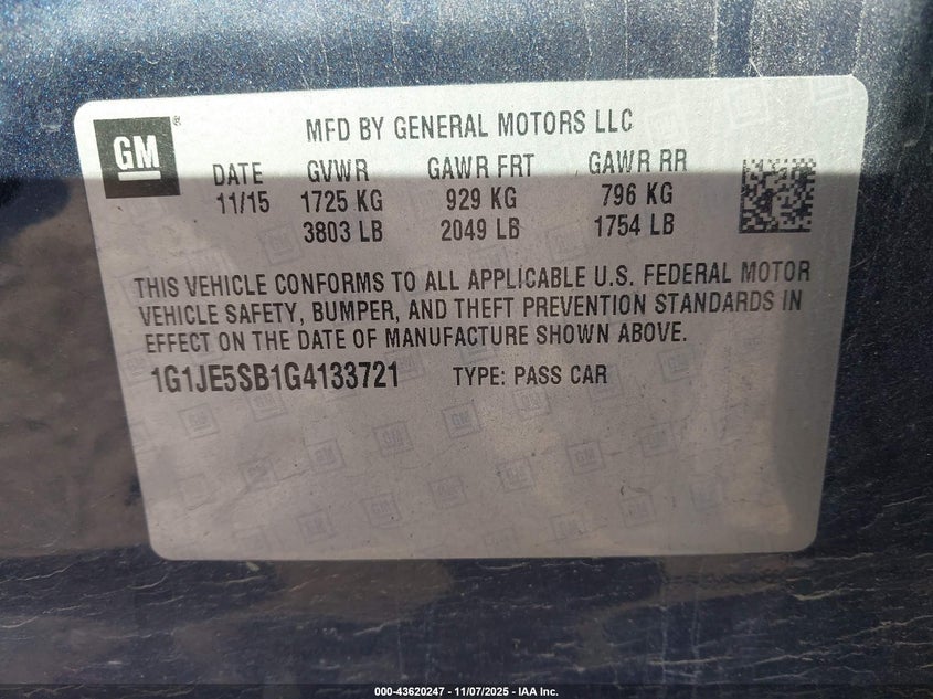 2016 CHEVROLET SONIC LTZ AUTO 1G1JE5SB1G4133721