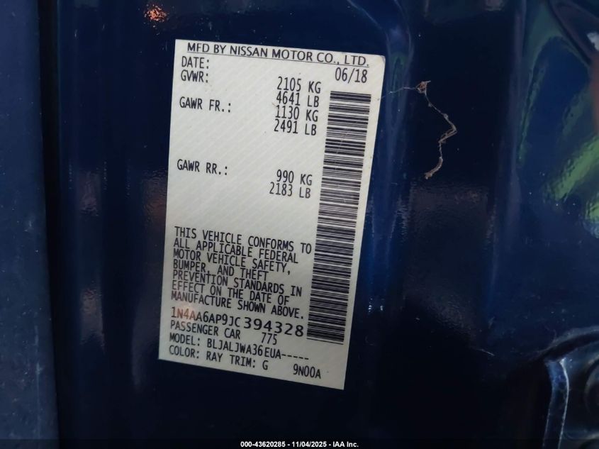 2018 Nissan Maxima 3.5 Sv VIN: 1N4AA6AP9JC394328 Lot: 43620285