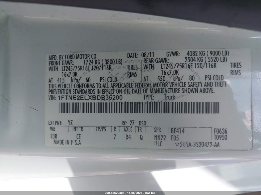 2011 Ford E-250 Commercial VIN: 1FTNE2ELXBDB35200 Lot: 43620308