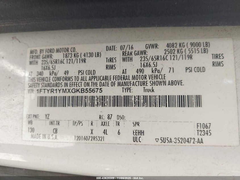 2016 Ford Transit-250 VIN: 1FTYR1YMXGKB55675 Lot: 43620309