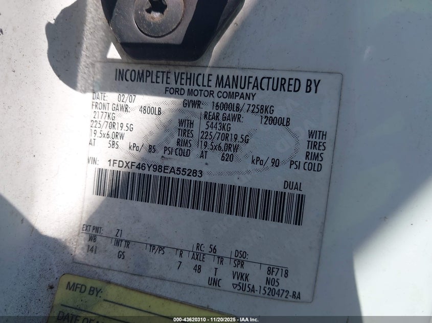 2008 Ford F-450 Chassis Xl/Xlt VIN: 1FDXF46Y98EA55283 Lot: 43620310