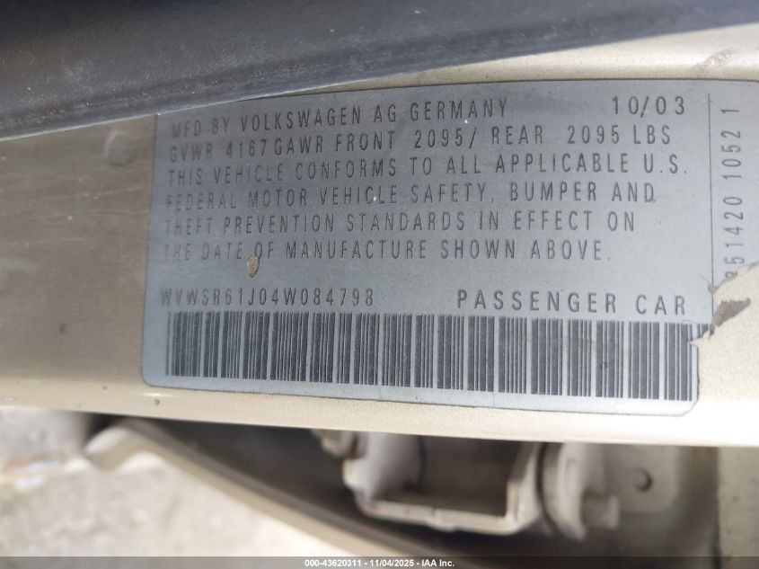 2004 Volkswagen Jetta Gls Tdi VIN: WVWSR61J04W084798 Lot: 43620311