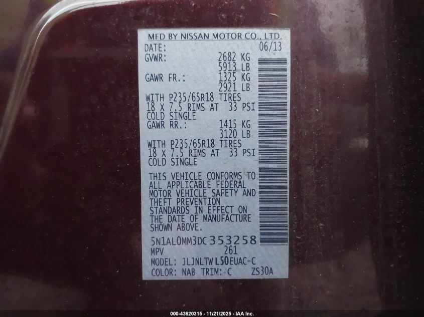 2013 Infiniti Jx35 VIN: 5N1AL0MM3DC353258 Lot: 43620315