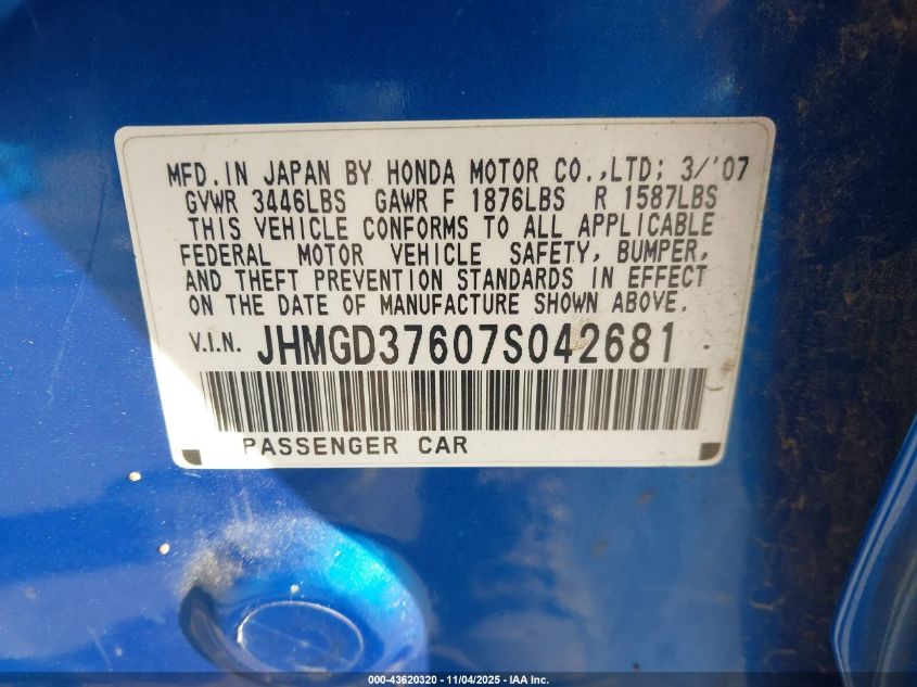 2007 Honda Fit Sport VIN: JHMGD37607S042681 Lot: 43620320