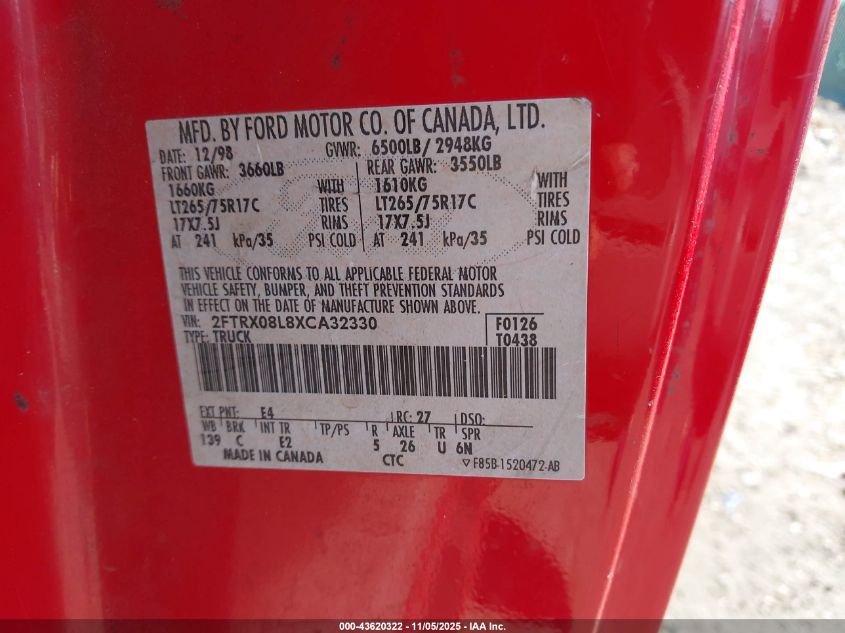 1999 Ford F-150 Lariat/Xl/Xlt VIN: 2FTRX08L8XCA32330 Lot: 43620322