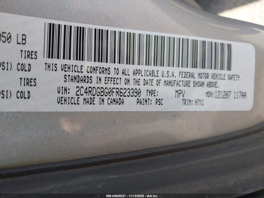 2015 Dodge Grand Caravan Se VIN: 2C4RDGBG0FR623390 Lot: 43620327