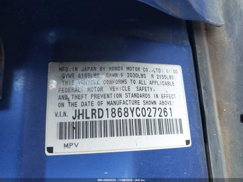 2000 Honda Cr-V Ex VIN: JHLRD1868YC027261 Lot: 43620332