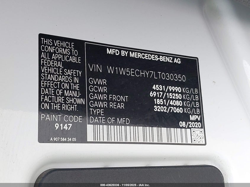 2020 MERCEDES-BENZ SPRINTER 3500 HIGH ROOF V6 - W1W5ECHY7LT030350