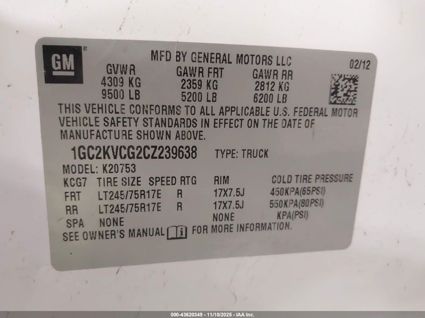 2012 Chevrolet Silverado 2500Hd Work Truck VIN: 1GC2KVCG2CZ239638 Lot: 43620349