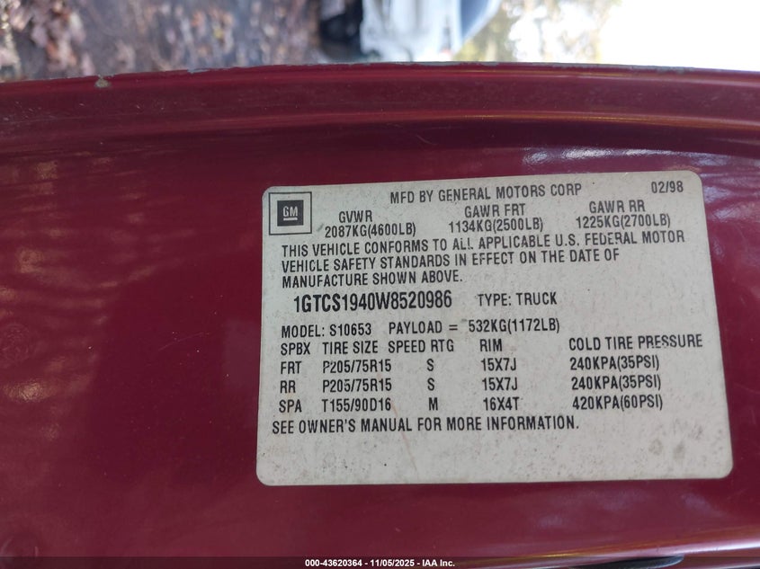 1998 GMC Sonoma Sls VIN: 1GTCS1940W8520986 Lot: 43620364