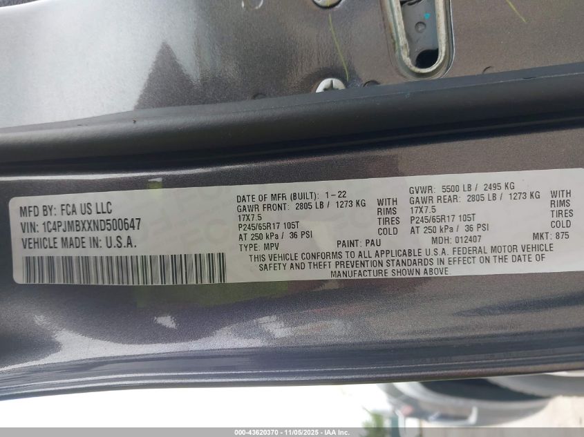 2022 Jeep Cherokee Trailhawk 4X4 VIN: 1C4PJMBXXND500647 Lot: 43620370