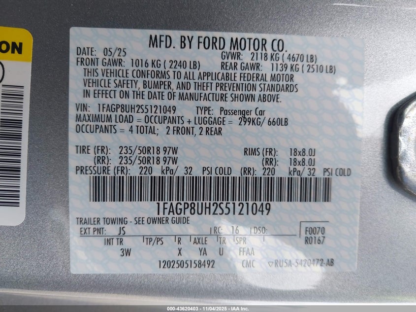 2025 FORD MUSTANG ECOBOOST PREMIUM - 1FAGP8UH2S5121049