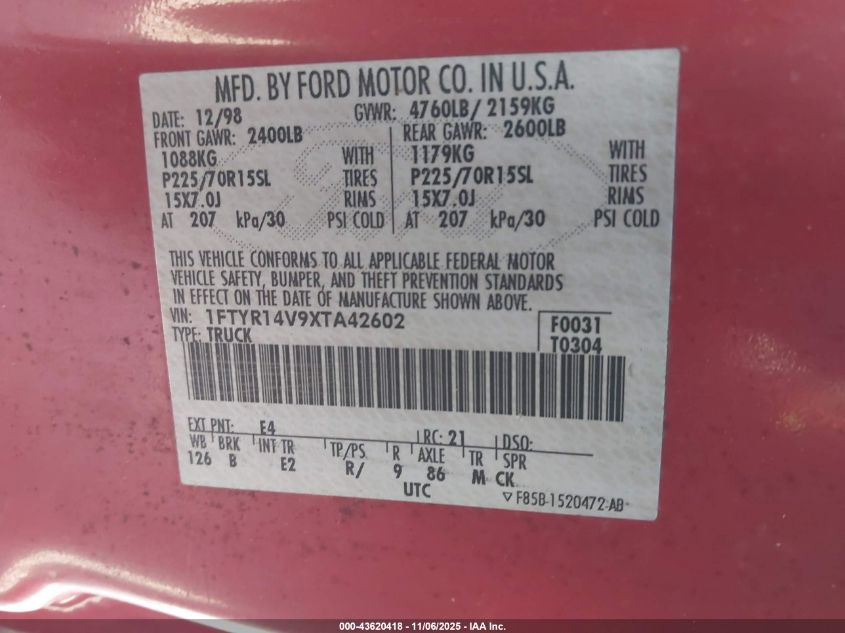 1999 Ford Ranger Xl/Xlt VIN: 1FTYR14V9XTA42602 Lot: 43620418