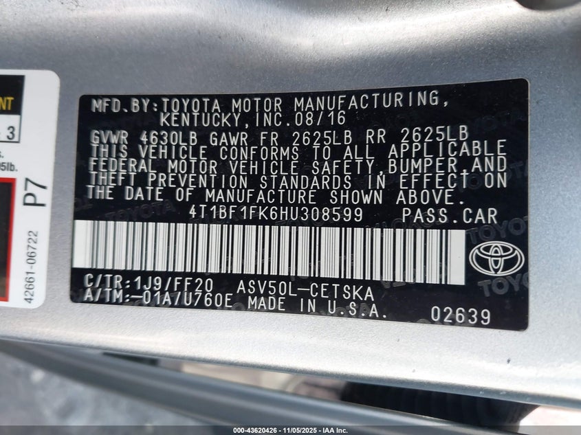 2017 TOYOTA CAMRY SE 4T1BF1FK6HU308599