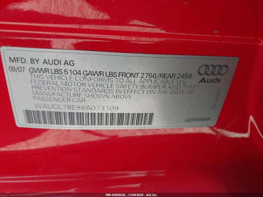 2008 Audi S4 4.2 VIN: WAUGL78E98A073109 Lot: 43620438