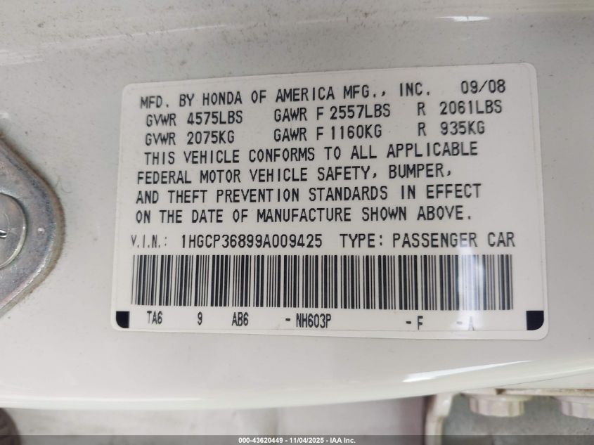 2009 Honda Accord 3.5 Ex-L VIN: 1HGCP36899A009425 Lot: 43620449
