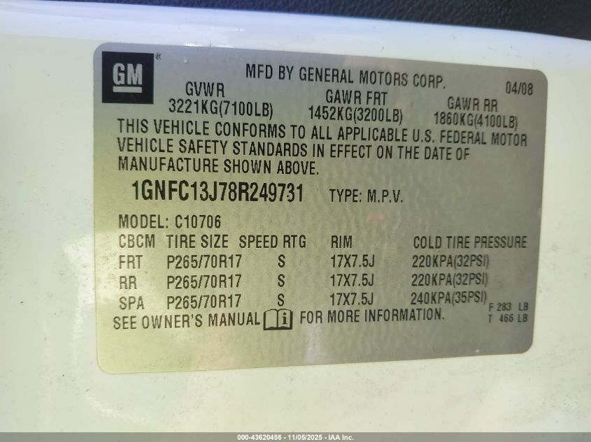 2008 Chevrolet Tahoe Lt VIN: 1GNFC13J78R249731 Lot: 43620456