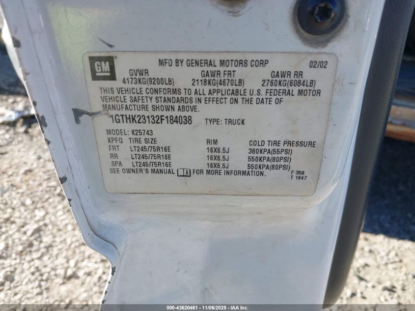 2002 GMC Sierra 2500Hd Sle VIN: 1GTHK23132F184038 Lot: 43620461
