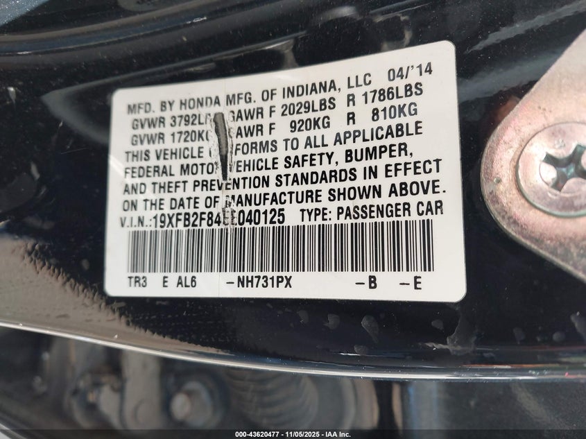 2014 Honda Civic Ex VIN: 19XFB2F84EE040125 Lot: 43620477
