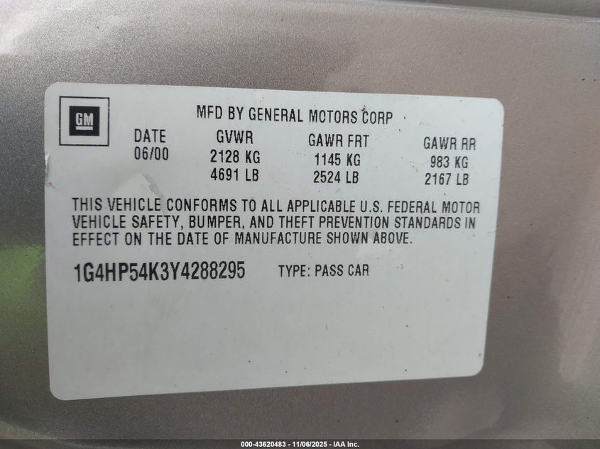 2000 Buick Lesabre Custom VIN: 1G4HP54K3Y4288295 Lot: 43620483