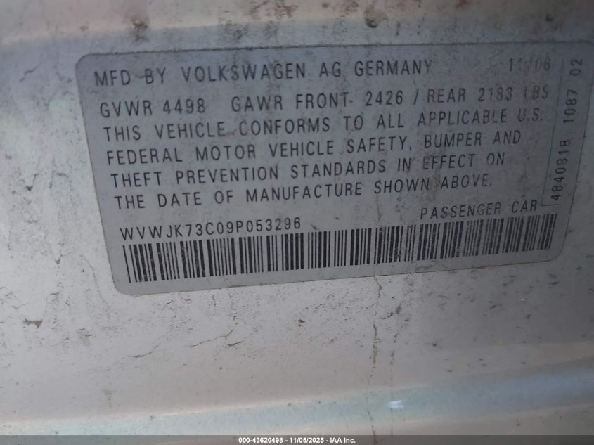 2009 Volkswagen Passat Komfort VIN: WVWJK73C09P053296 Lot: 43620498