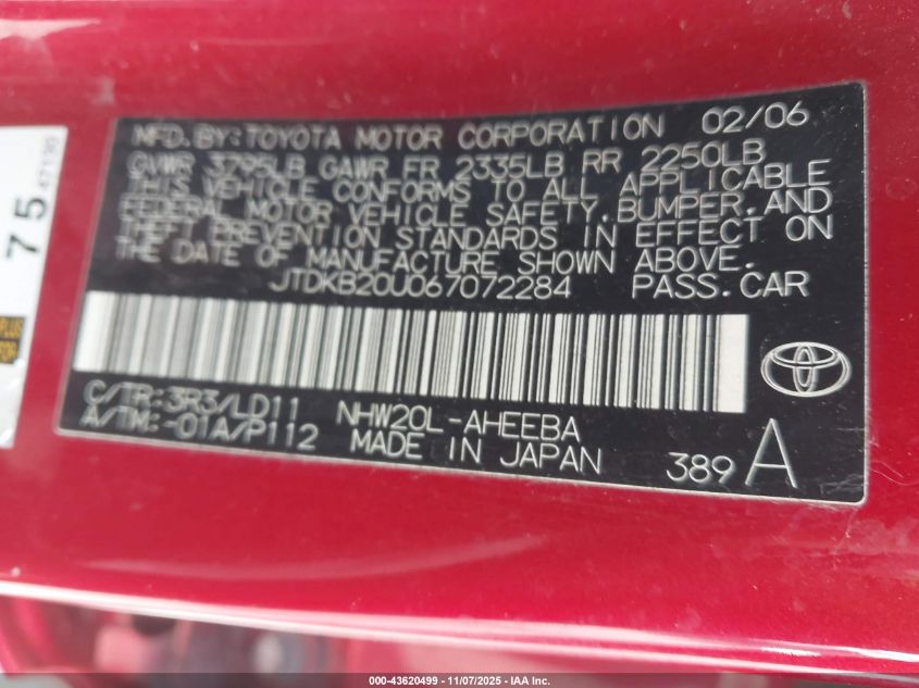 2006 Toyota Prius VIN: JTDKB20U067072284 Lot: 43620499