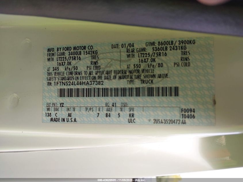 2004 Ford E-250 Commercial/Recreational VIN: 1FTNS24L44HA37382 Lot: 43620509