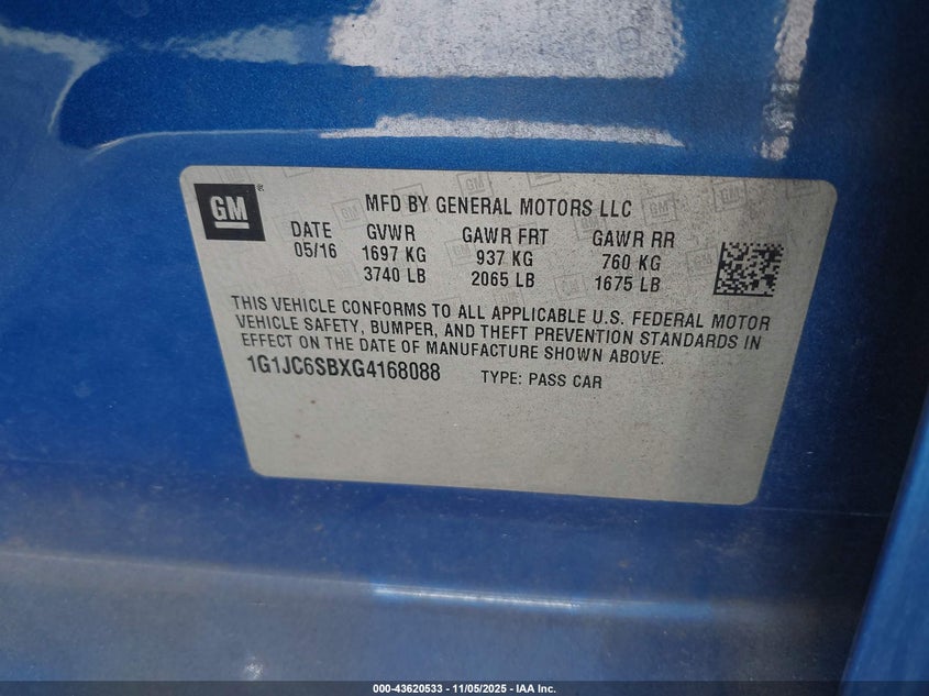 2016 CHEVROLET SONIC LT AUTO - 1G1JC6SBXG4168088