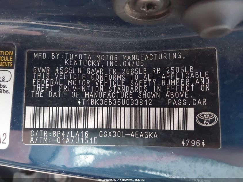 2005 Toyota Avalon Xls VIN: 4T1BK36B35U033812 Lot: 43620535