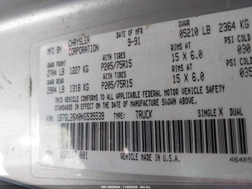 1992 Dodge Dakota VIN: 1B7GL26X0NS535539 Lot: 43620544