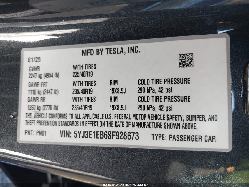 2025 Tesla Model 3 Long Range All-Wheel Drive VIN: 5YJ3E1EB6SF928673 Lot: 43620552