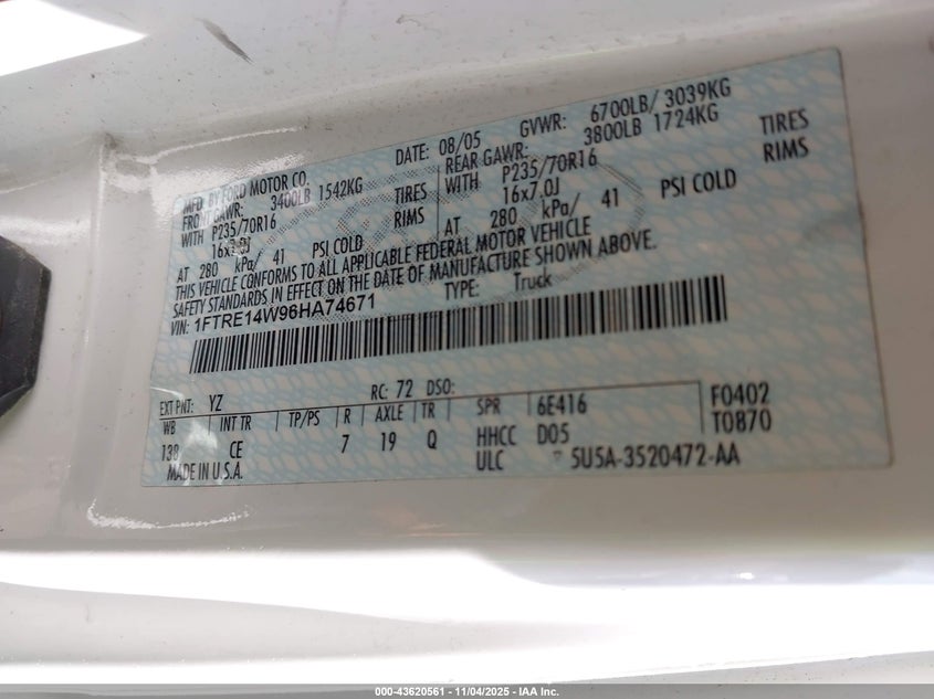 2006 Ford E-150 VIN: 1FTRE14W96HA74671 Lot: 43620561