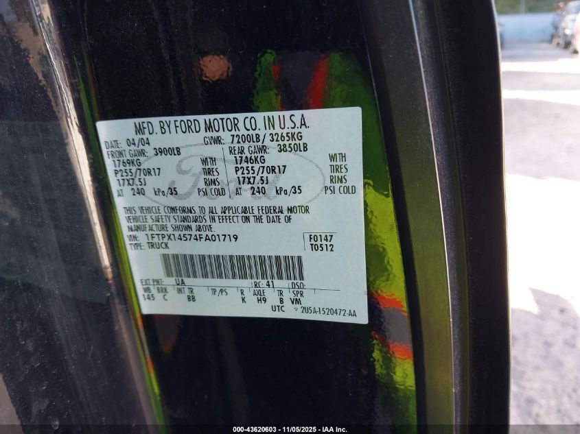 2004 Ford F-150 Fx4/Lariat/Xl/Xlt VIN: 1FTPX14574FA01719 Lot: 43620603