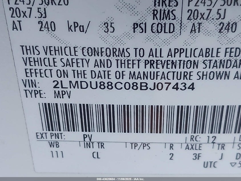 2008 Lincoln Mkx VIN: 2LMDU88C08BJ07434 Lot: 43620604