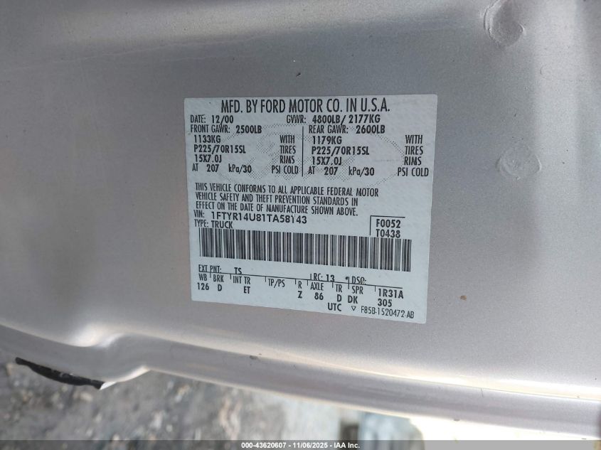 2001 Ford Ranger Edge/Xl/Xlt VIN: 1FTYR14U81TA58143 Lot: 43620607