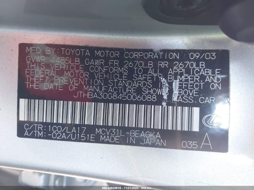 2004 Lexus Es 330 VIN: JTHBA30G845006088 Lot: 43620616