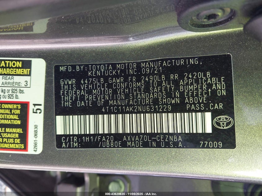 2022 TOYOTA CAMRY LE 4T1C11AK2NU631229