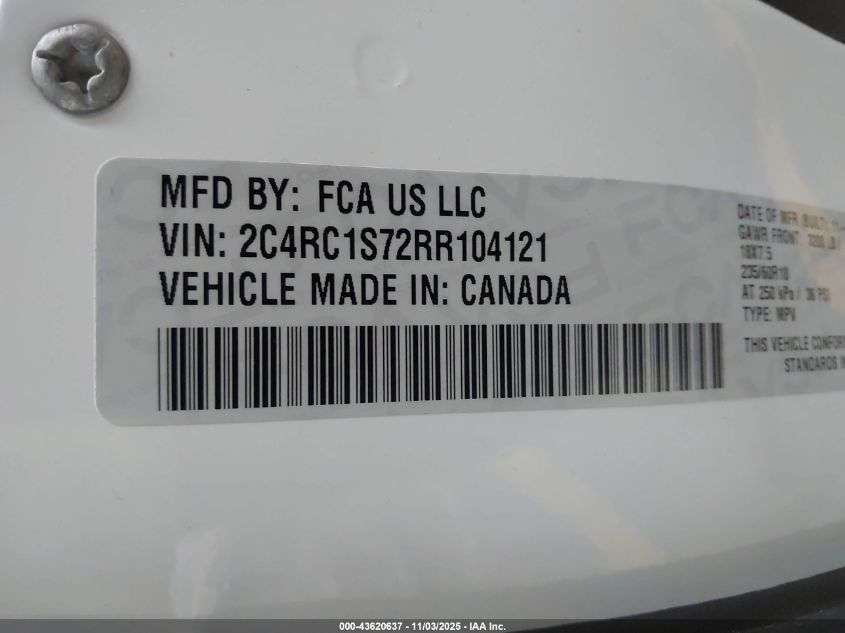 2024 Chrysler Pacifica Hybrid S Appearance Pkg VIN: 2C4RC1S72RR104121 Lot: 43620637