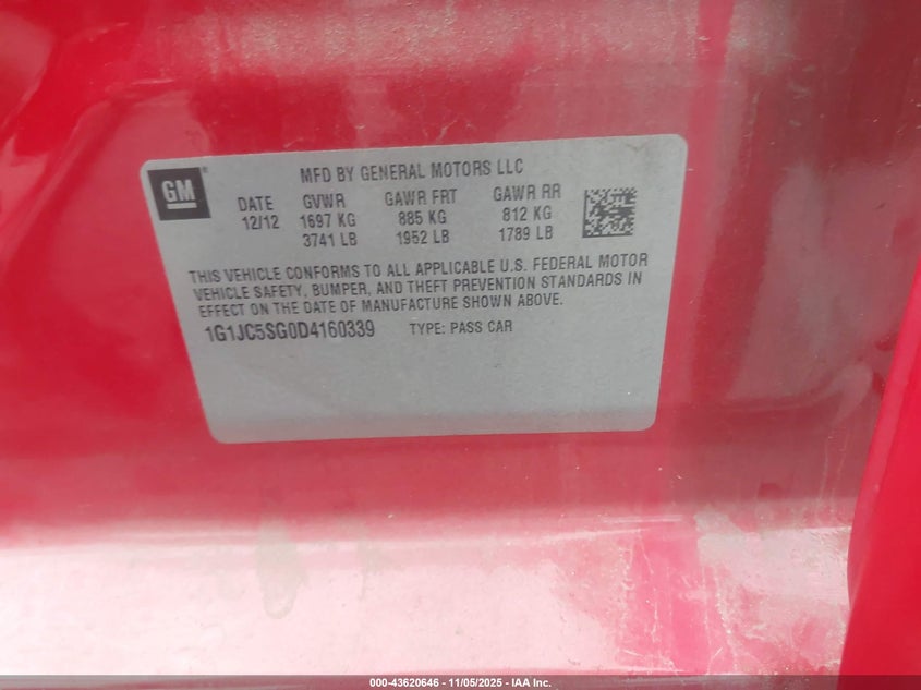 2013 CHEVROLET SONIC LT AUTO 1G1JC5SG0D4160339