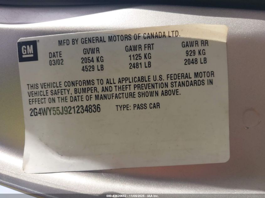 2002 Buick Century Limited VIN: 2G4WY55J921234836 Lot: 43620652