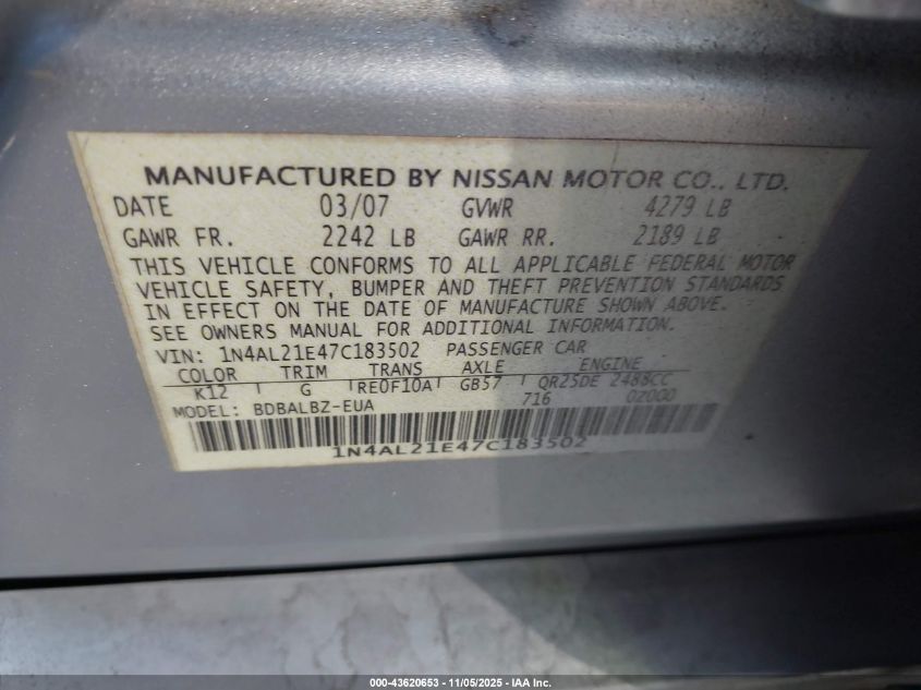 2007 Nissan Altima 2.5 S VIN: 1N4AL21E47C183502 Lot: 43620653