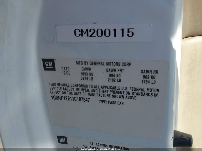 1G3NF12E11C187347 2001 OLDSMOBILE ALERO photo no. 9