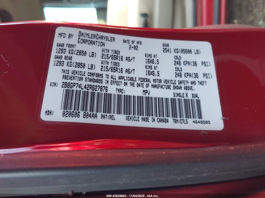 2002 Dodge Grand Caravan Ex VIN: 2B8GP74L42R627876 Lot: 43620663